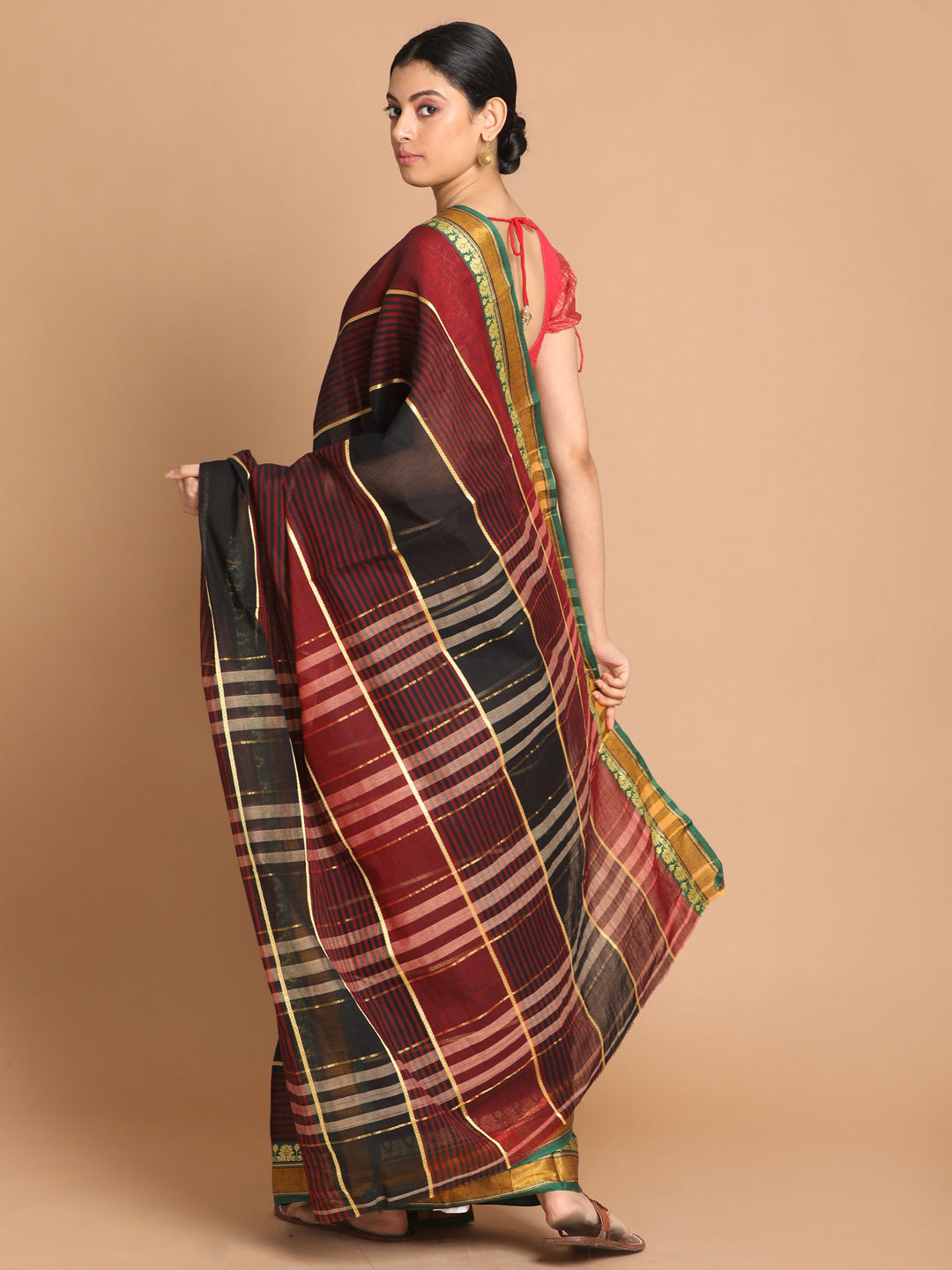 Indethnic Maroon Pure Cotton Woven Design Saree - View 3