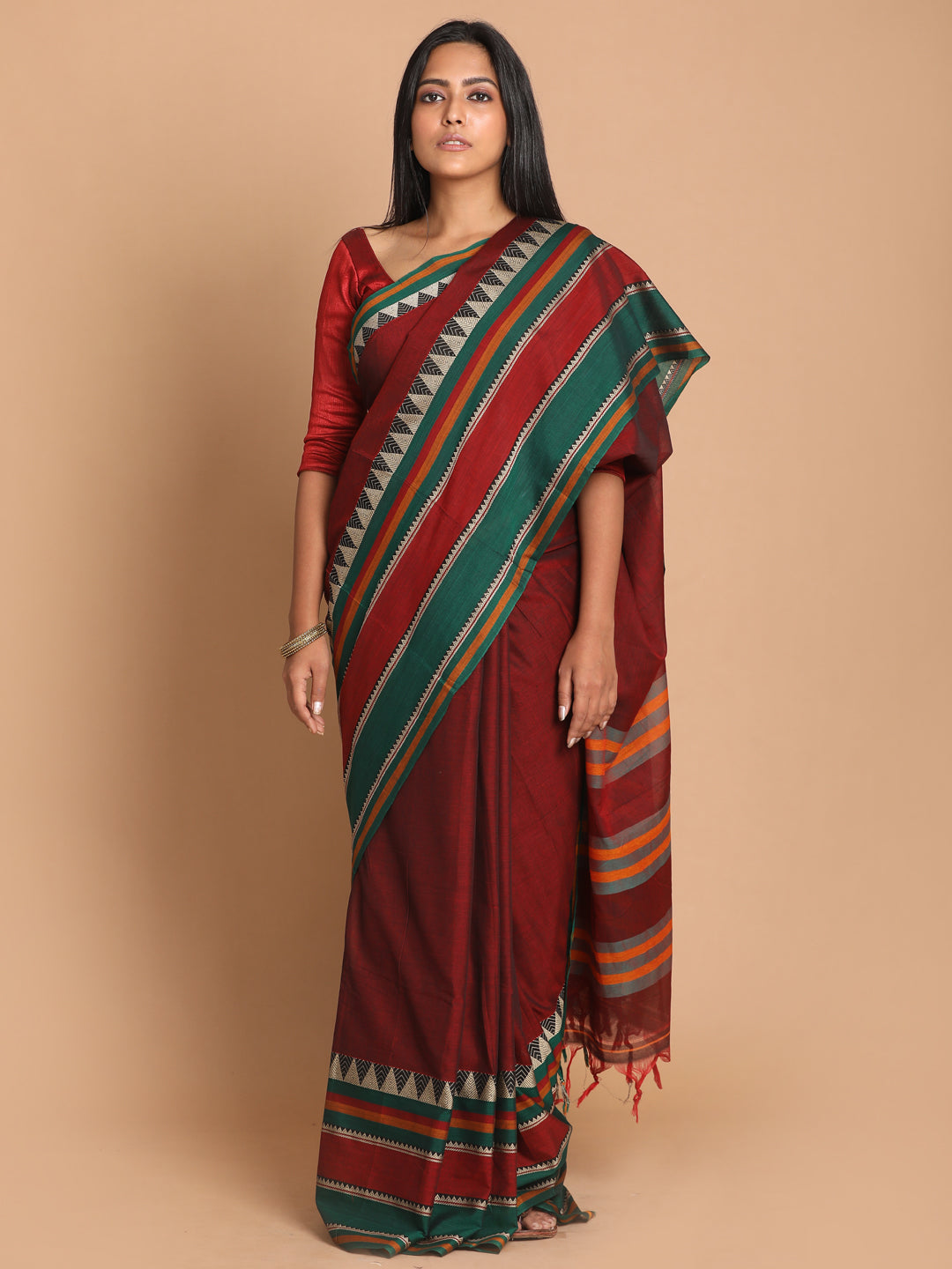 Indethnic Maroon Pure Cotton Solid Saree - View 1