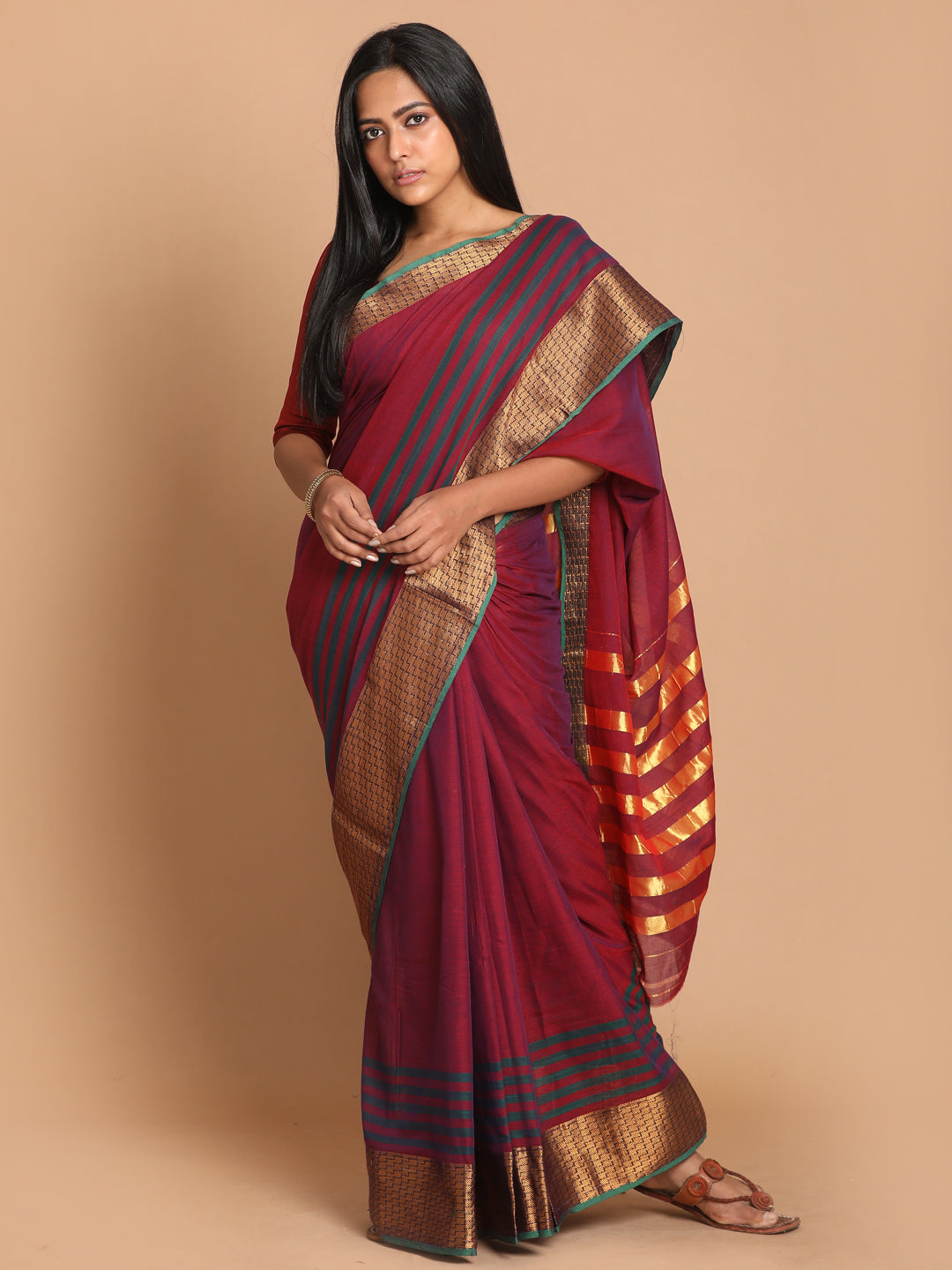 Indethnic Maroon Pure Cotton Solid Saree - View 1