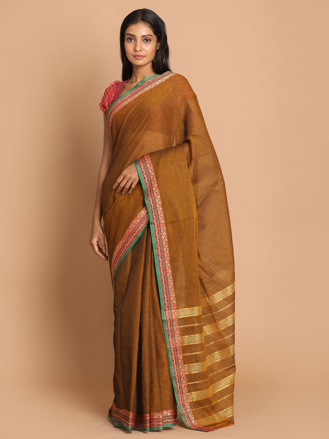 Indethnic Mustard Pure Cotton Solid Saree - View 1