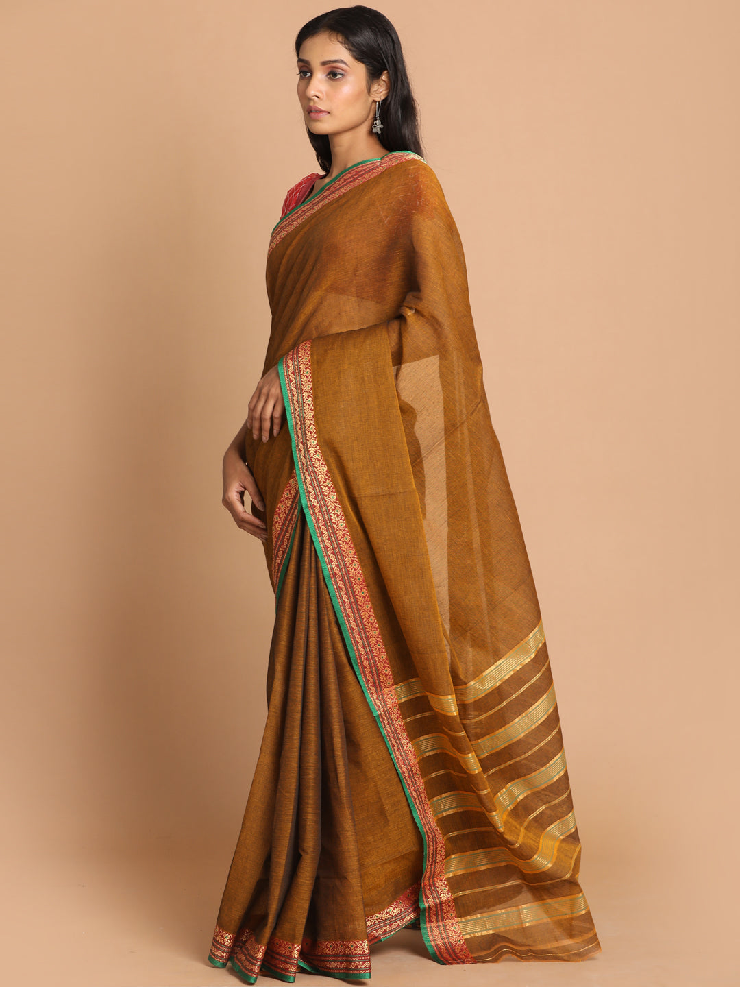 Indethnic Mustard Pure Cotton Solid Saree - View 2