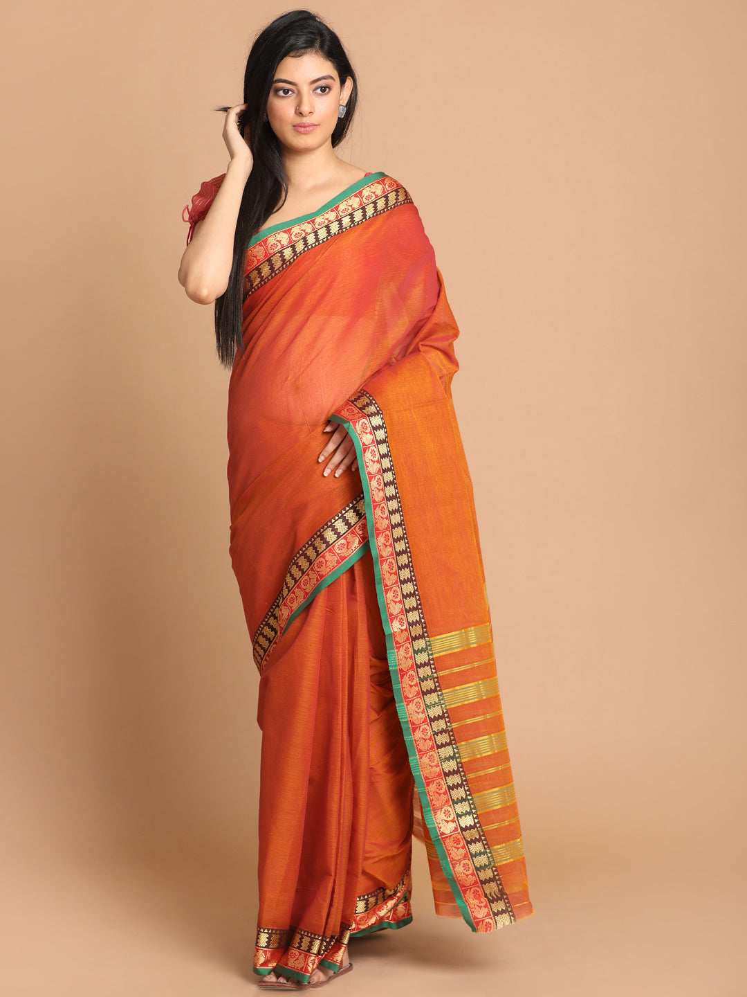 Indethnic Mustard Pure Cotton Solid Saree - View 1