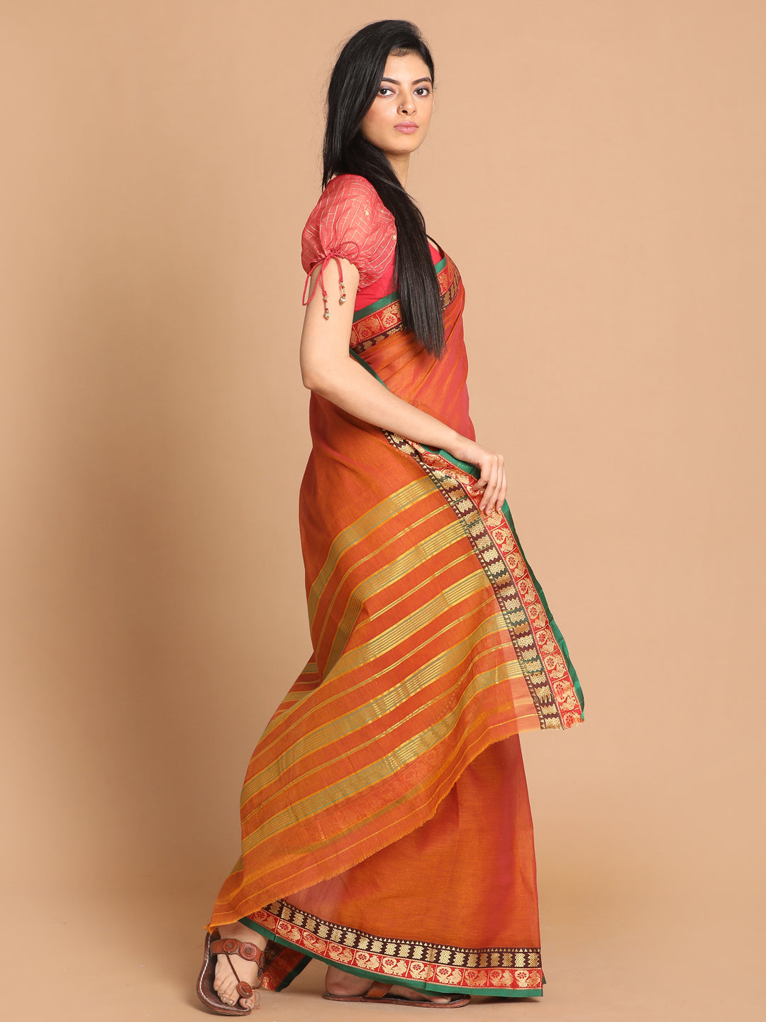 Indethnic Mustard Pure Cotton Solid Saree - View 2