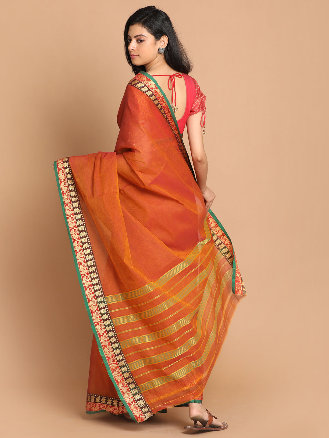 Indethnic Mustard Pure Cotton Solid Saree - View 3