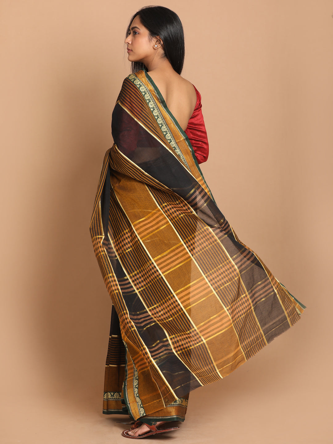 Indethnic Mustard Pure Cotton Woven Design Saree - View 3