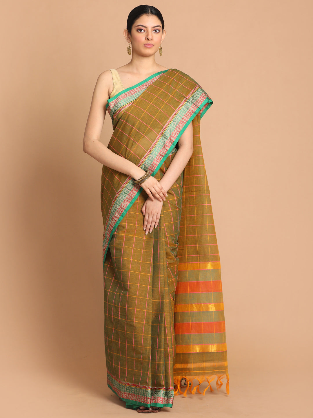 Indethnic Mustard Pure Cotton Checked Saree - View 1
