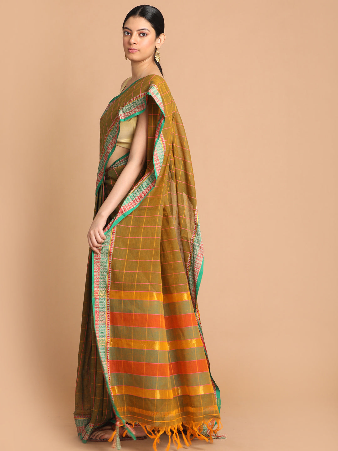Indethnic Mustard Pure Cotton Checked Saree - View 2