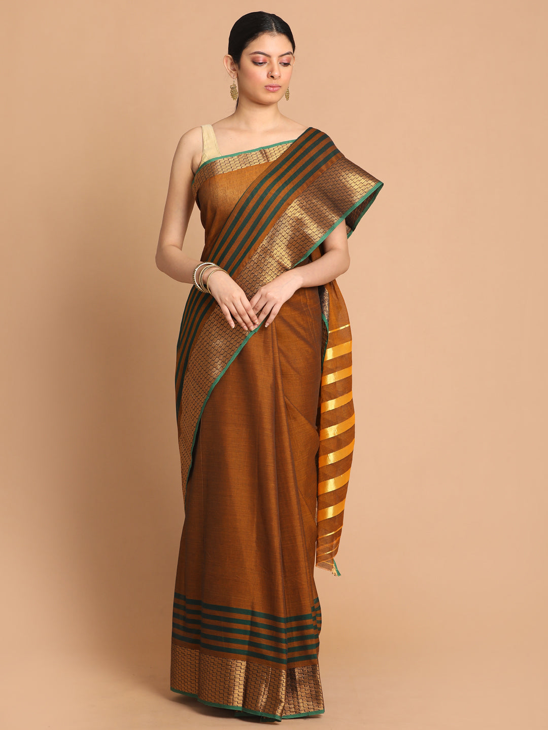 Indethnic Mustard Pure Cotton Solid Saree - View 1