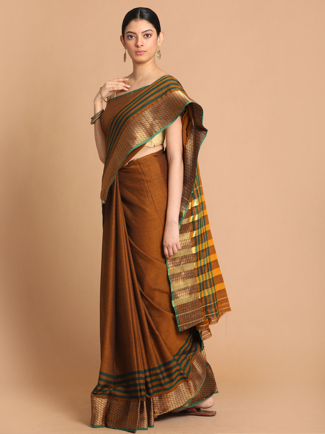 Indethnic Mustard Pure Cotton Solid Saree - View 2