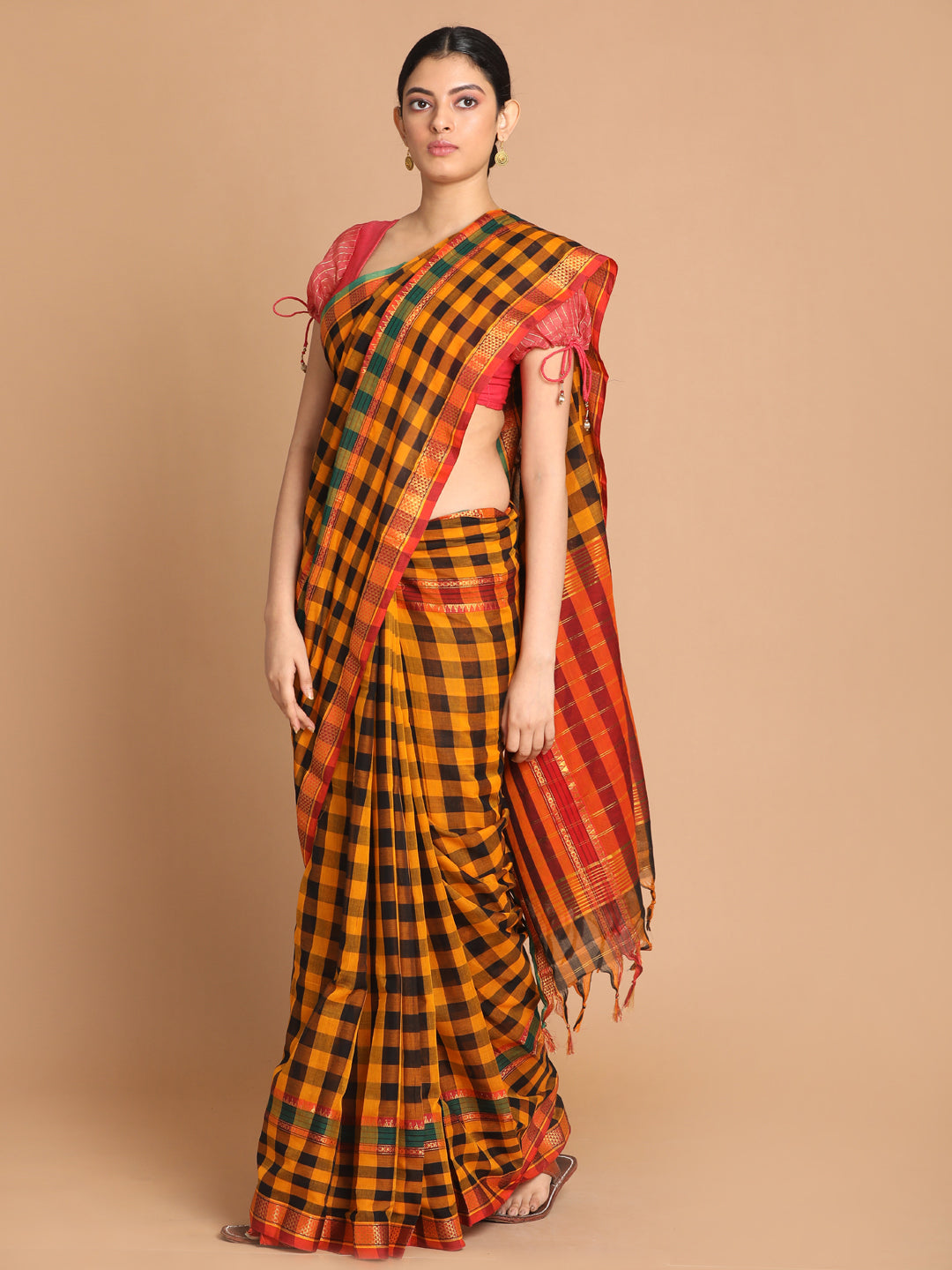 Indethnic Mustard Pure Cotton Solid Saree - View 1