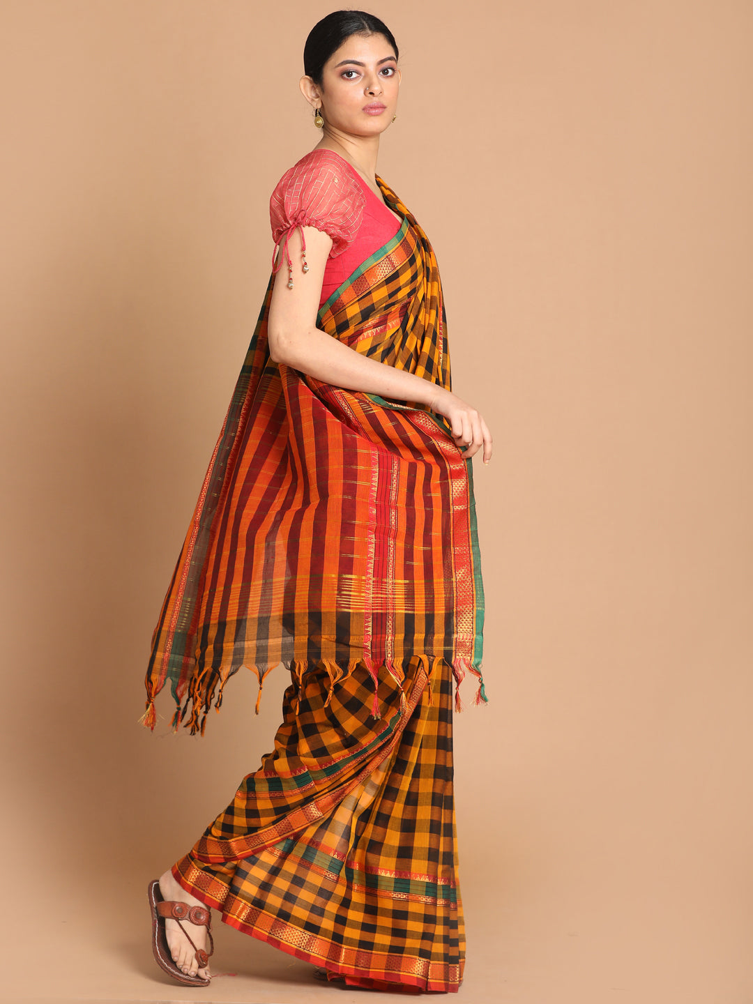 Indethnic Mustard Pure Cotton Solid Saree - View 2