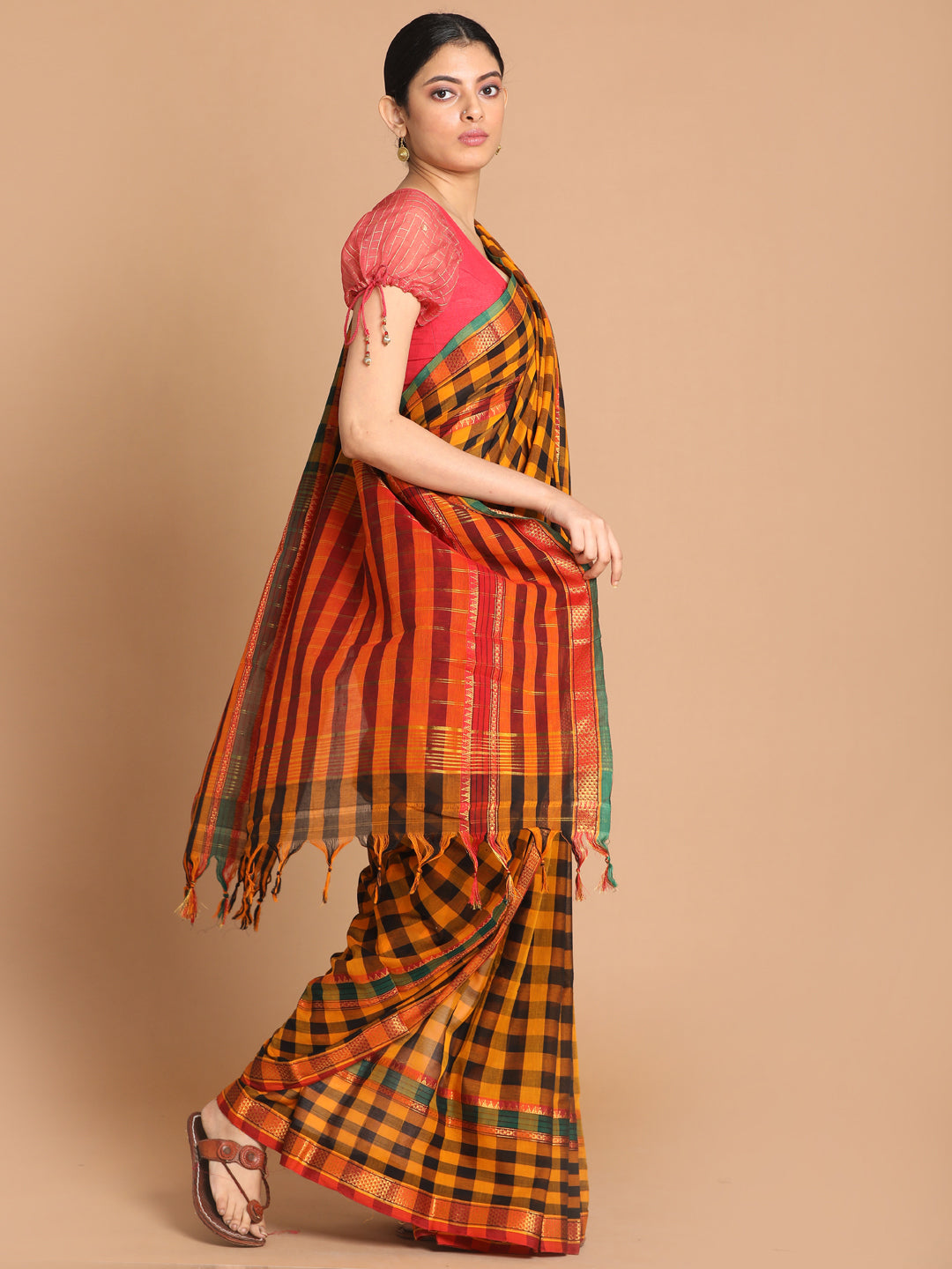 Indethnic Mustard Pure Cotton Solid Saree - View 1