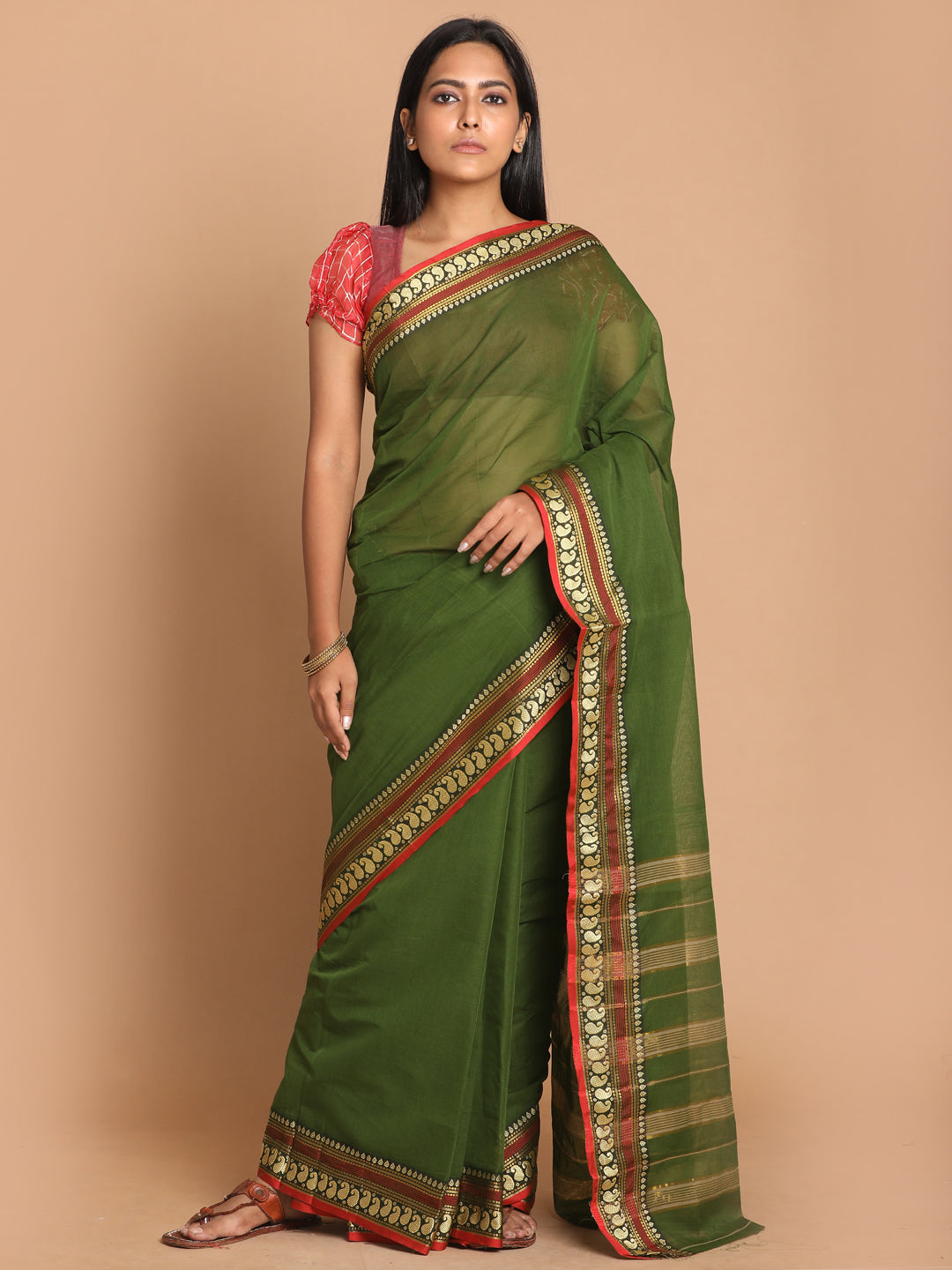 Indethnic Olive Pure Cotton Solid Saree - View 1
