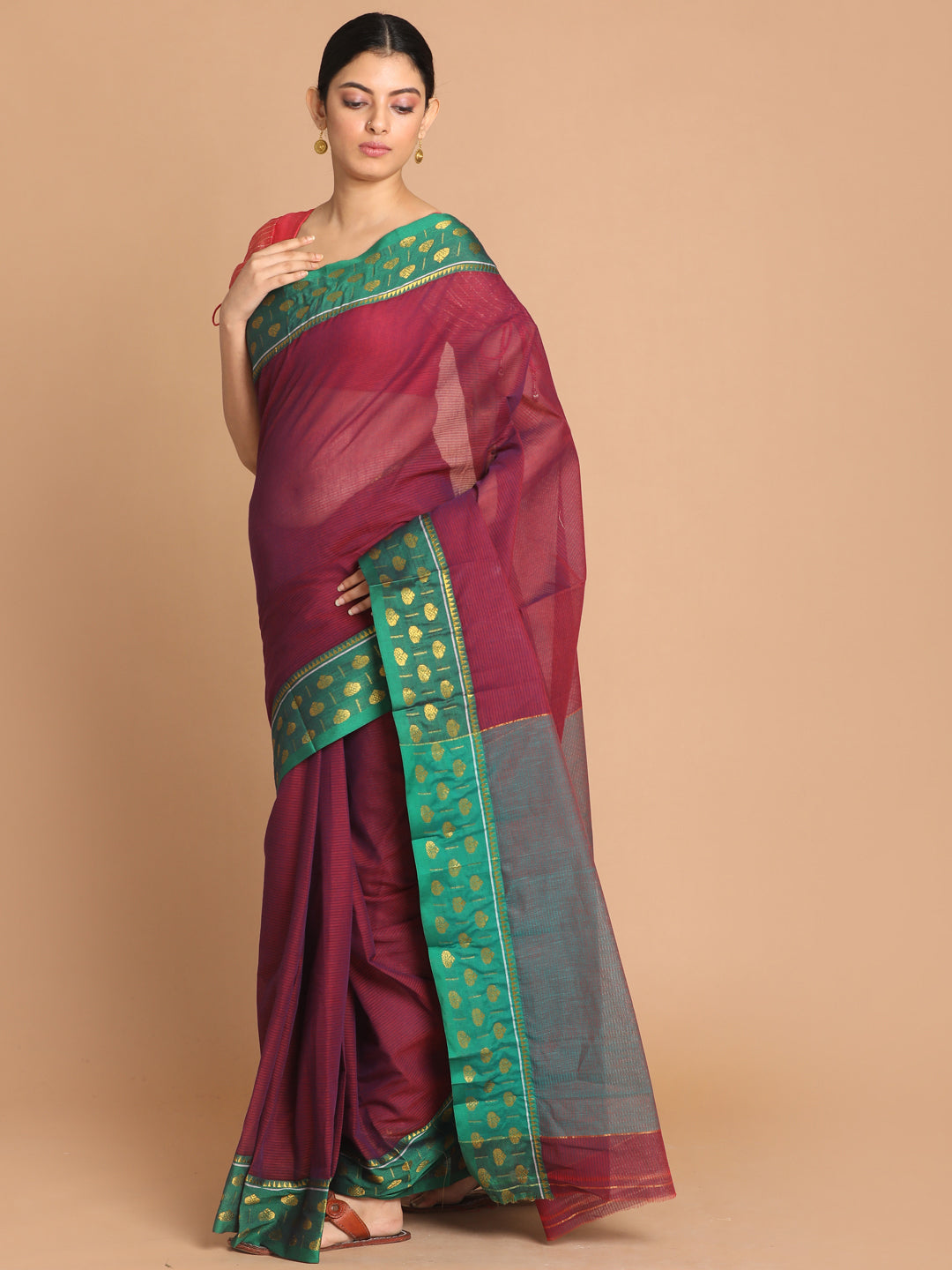 Indethnic Purple Pure Cotton Solid Saree - View 1