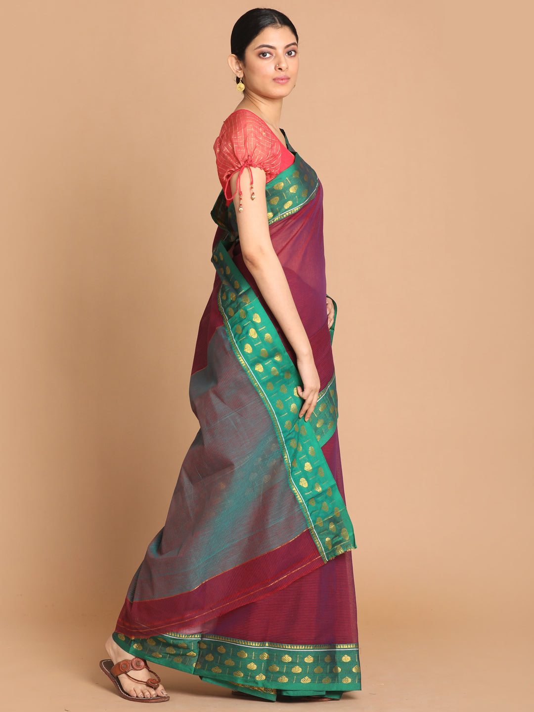 Indethnic Purple Pure Cotton Solid Saree - View 2