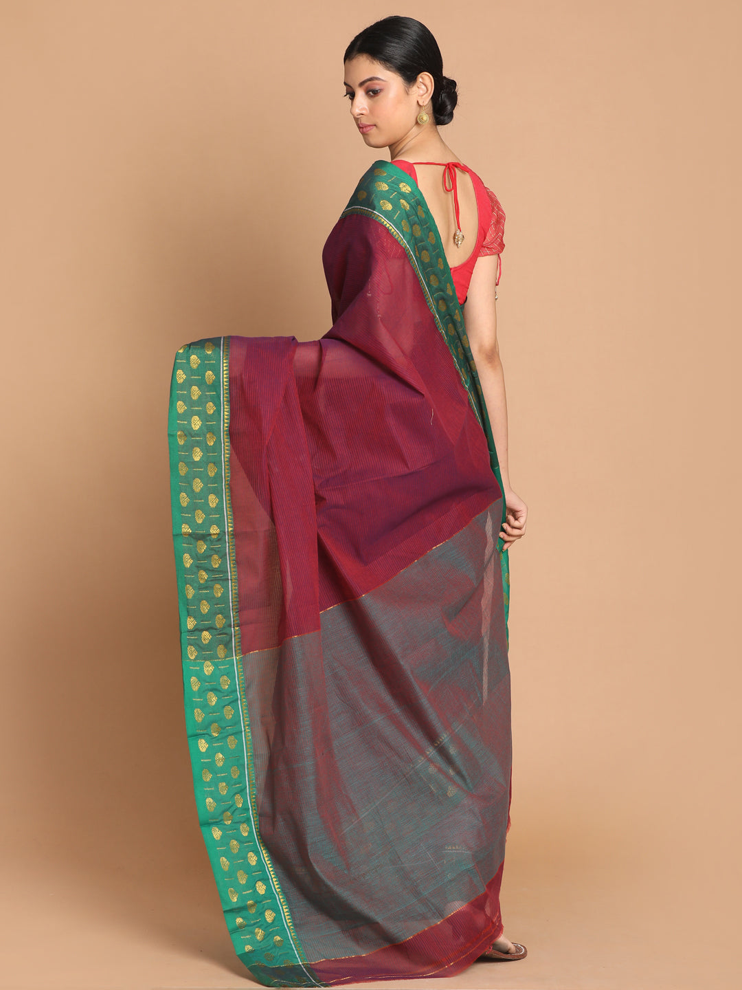 Indethnic Purple Pure Cotton Solid Saree - View 3