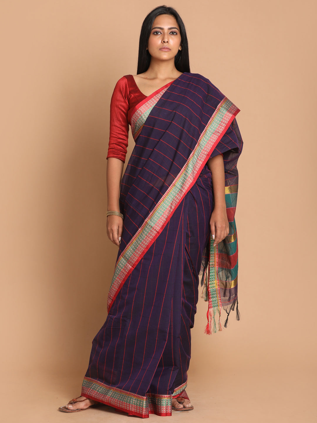 Indethnic Purple Pure Cotton Checked Saree - View 1