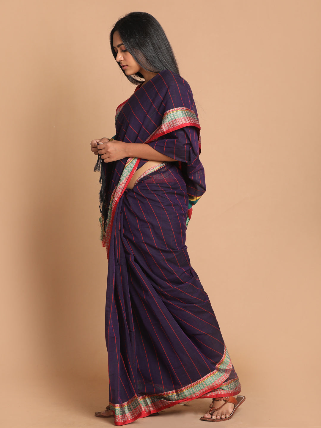 Indethnic Purple Pure Cotton Checked Saree - View 2