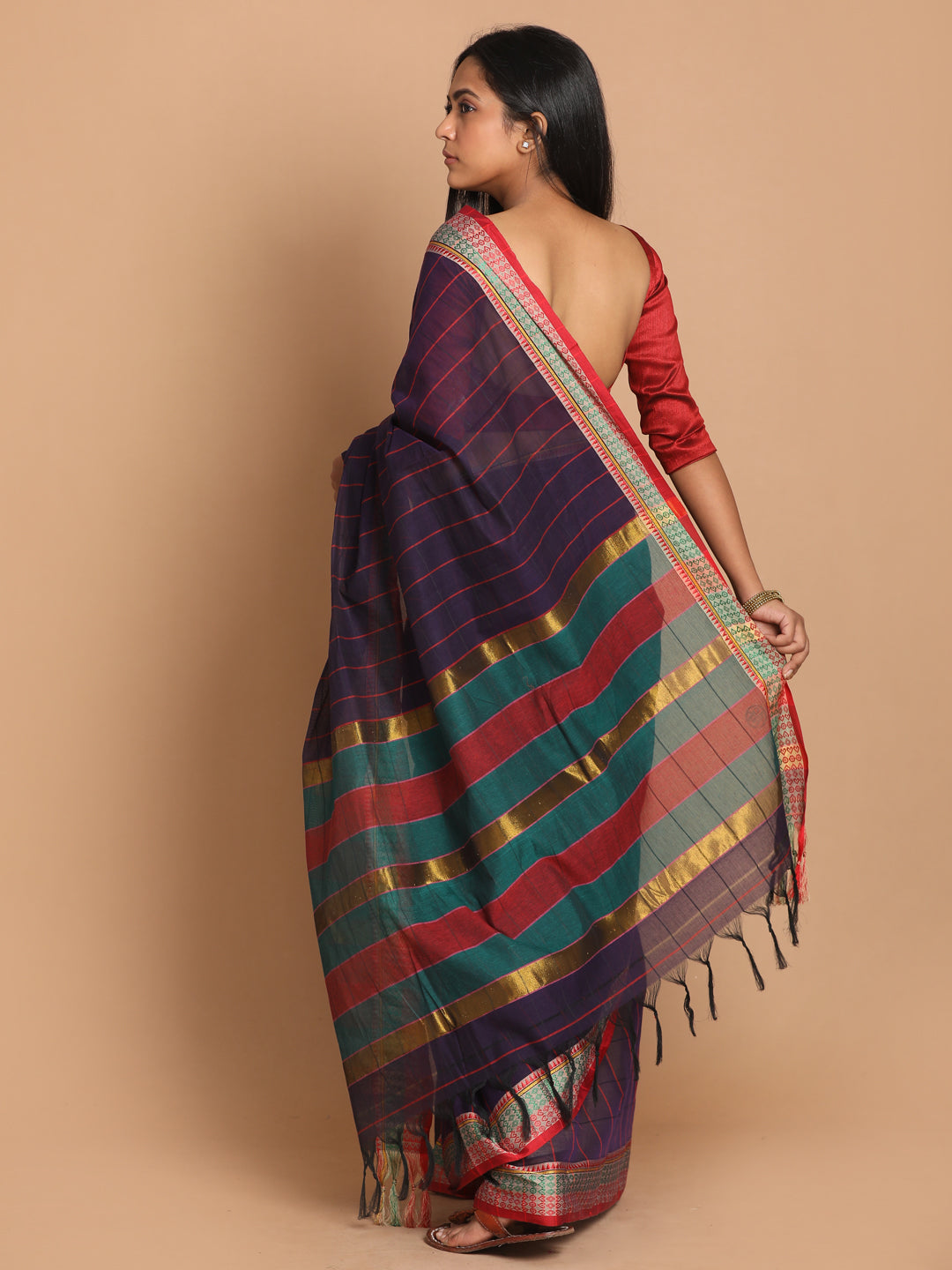 Indethnic Purple Pure Cotton Checked Saree - View 3
