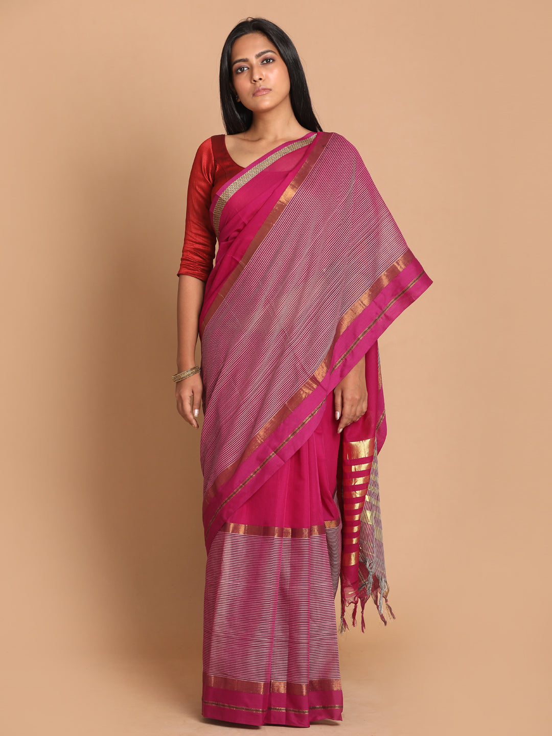 Indethnic Purple Pure Cotton Solid Saree - View 1