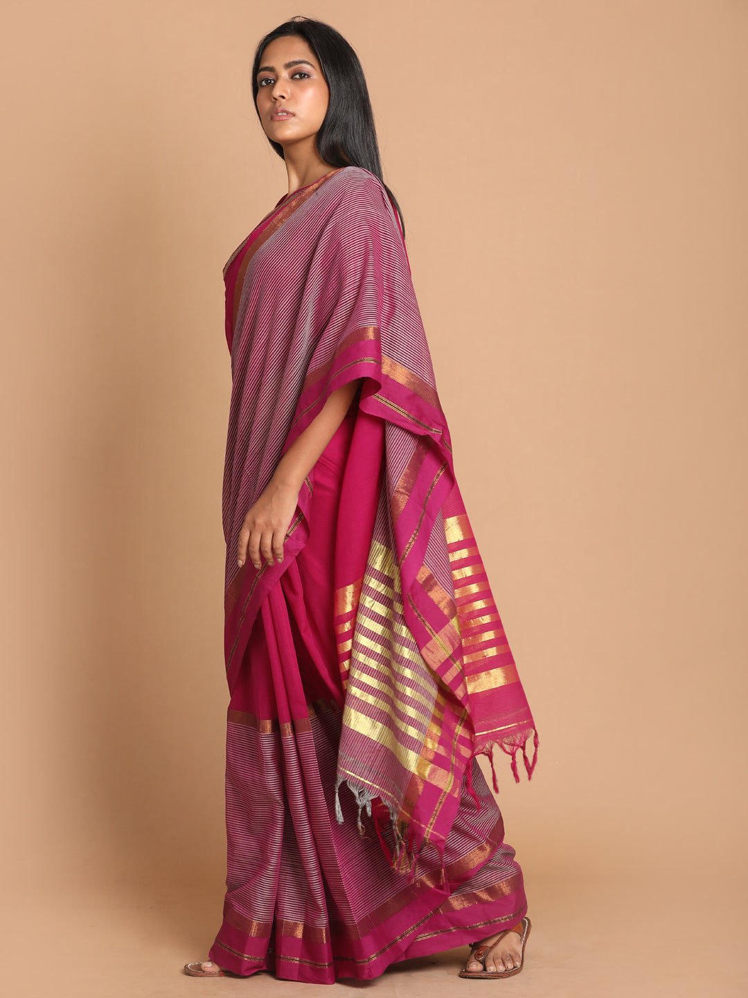 Indethnic Purple Pure Cotton Solid Saree - View 2