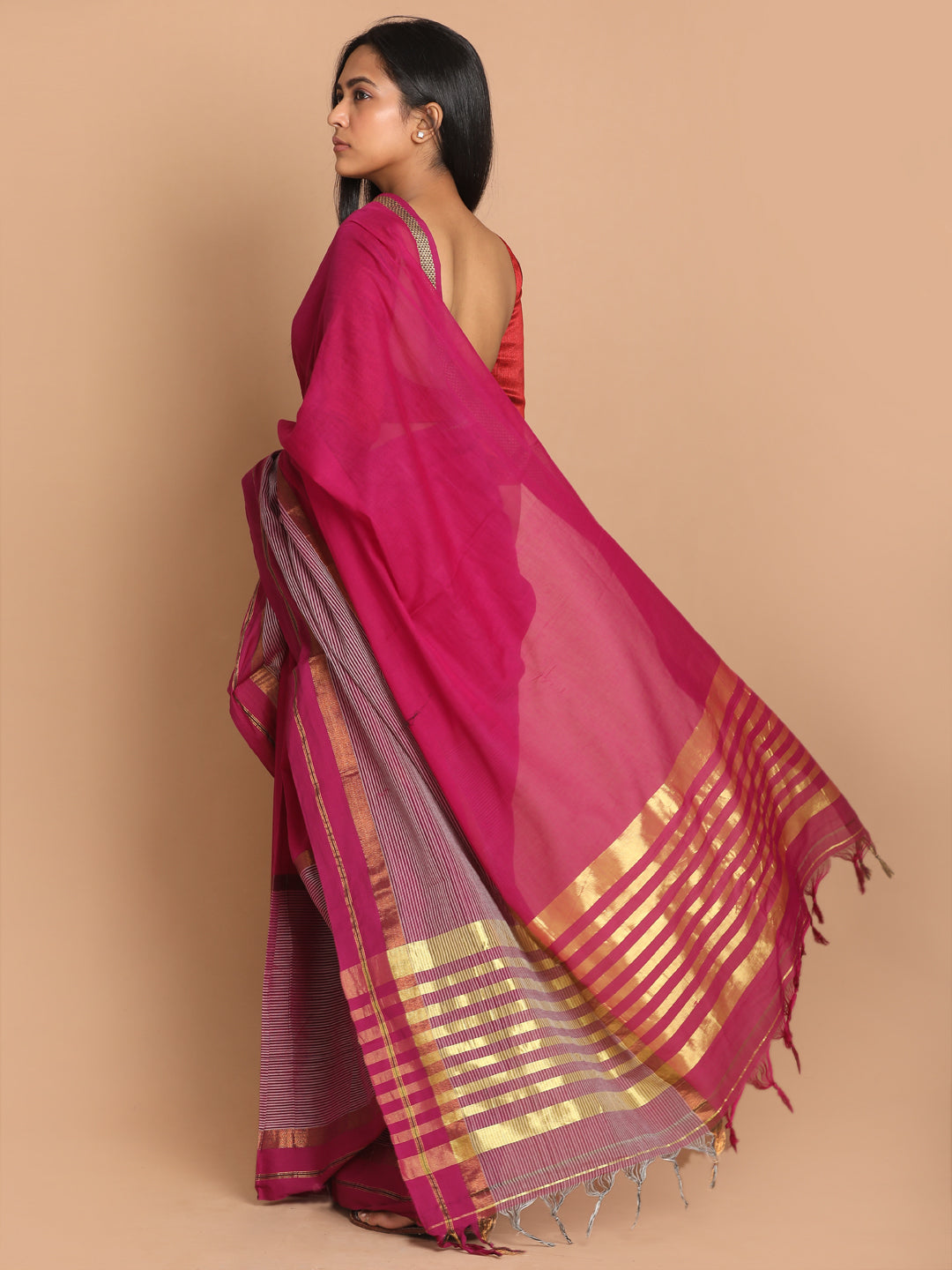 Indethnic Purple Pure Cotton Solid Saree - View 3