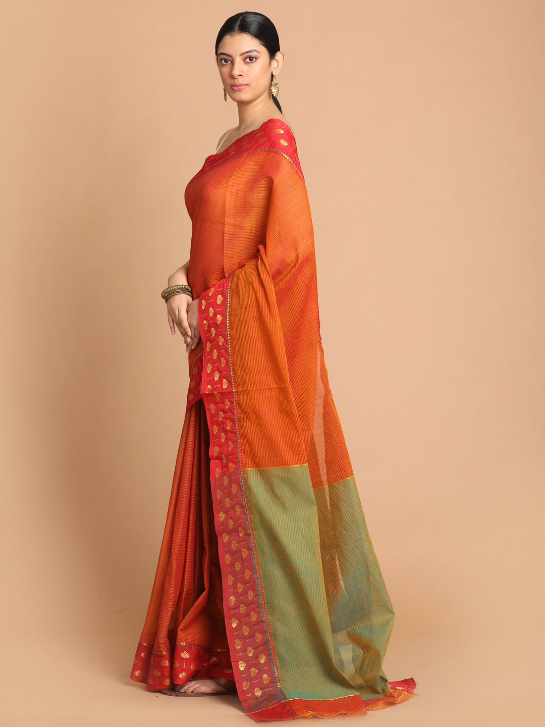 Indethnic Rust Pure Cotton Solid Saree - View 1