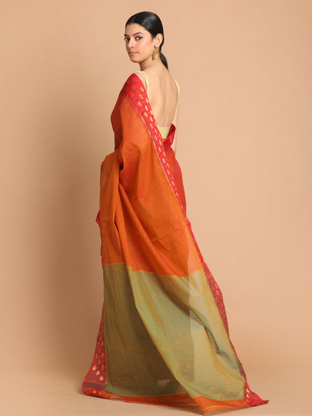 Indethnic Rust Pure Cotton Solid Saree - View 3