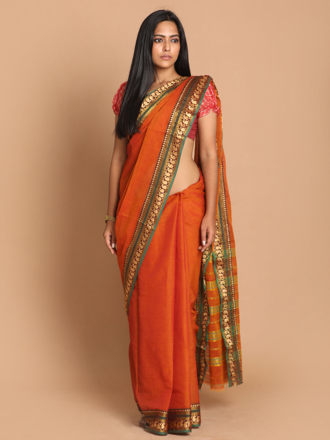 Indethnic Rust Pure Cotton Solid Saree - View 1
