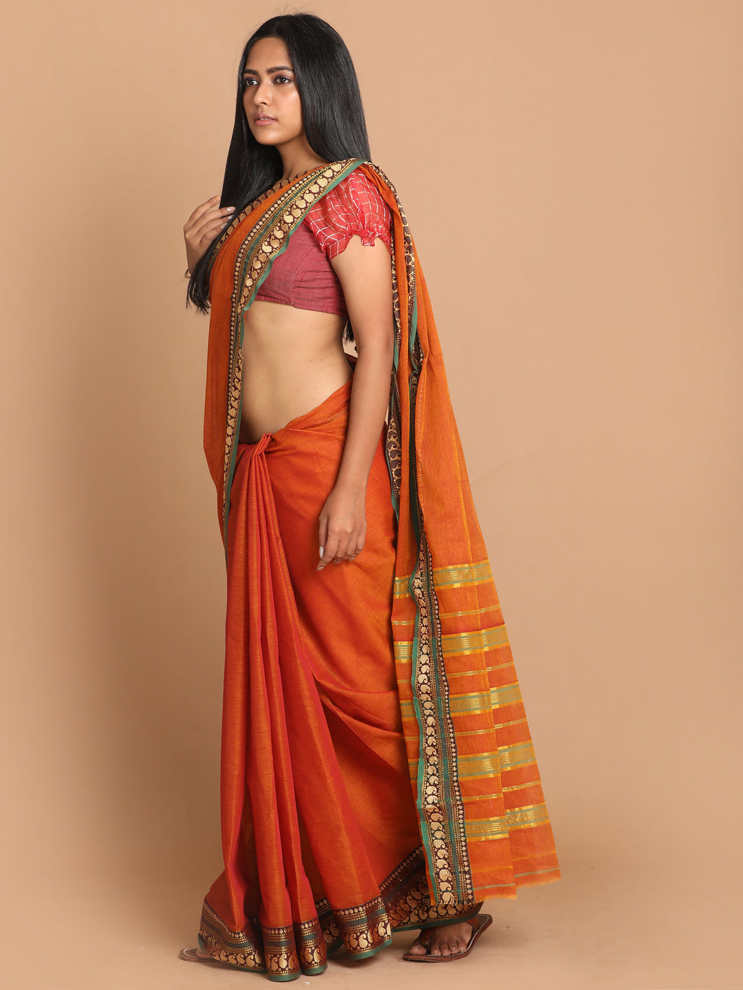 Indethnic Rust Pure Cotton Solid Saree - View 2
