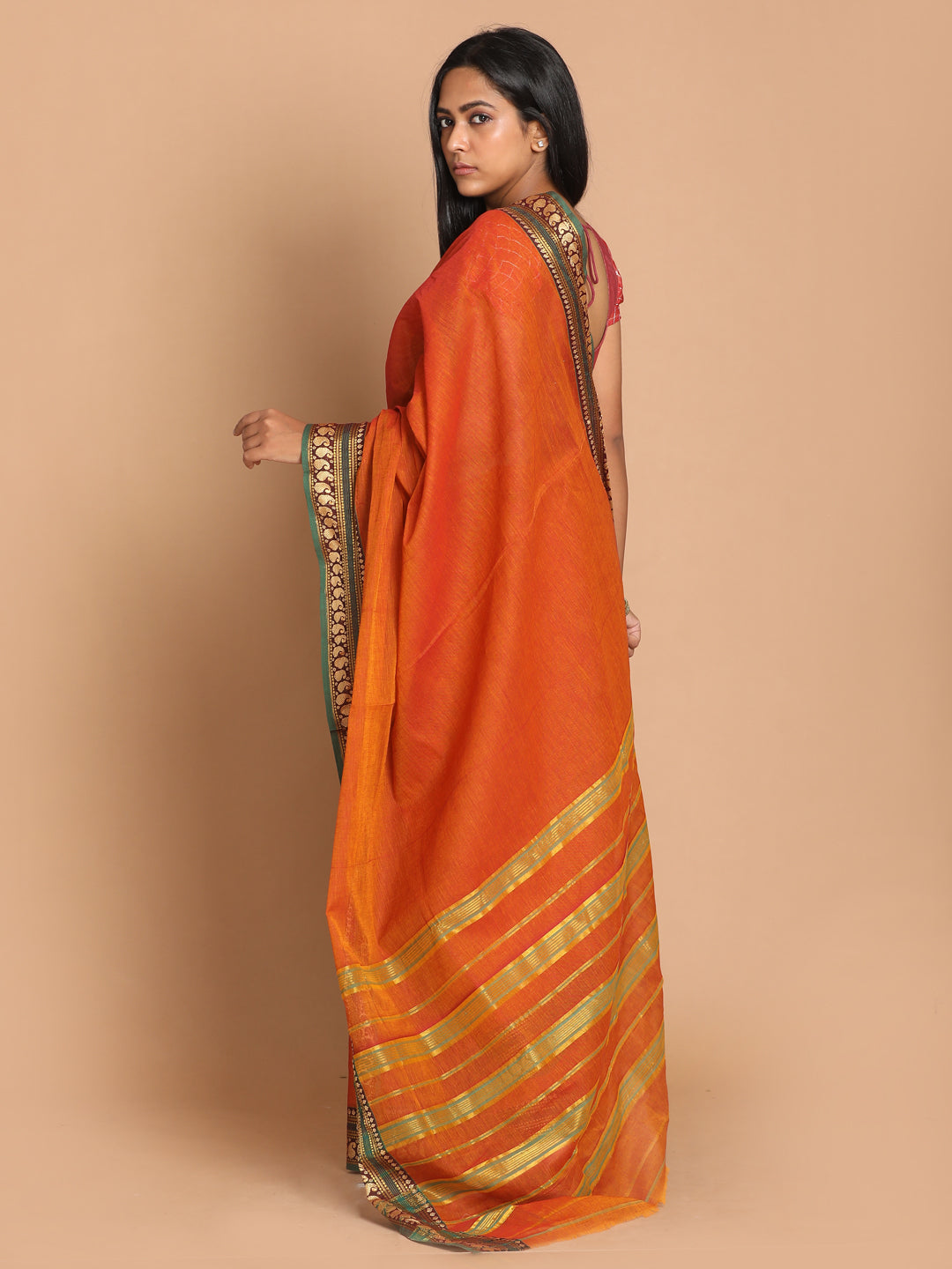 Indethnic Rust Pure Cotton Solid Saree - View 3