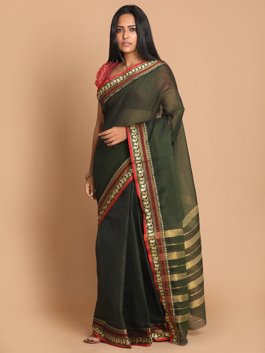 Indethnic Sea Green Pure Cotton Solid Saree - View 1