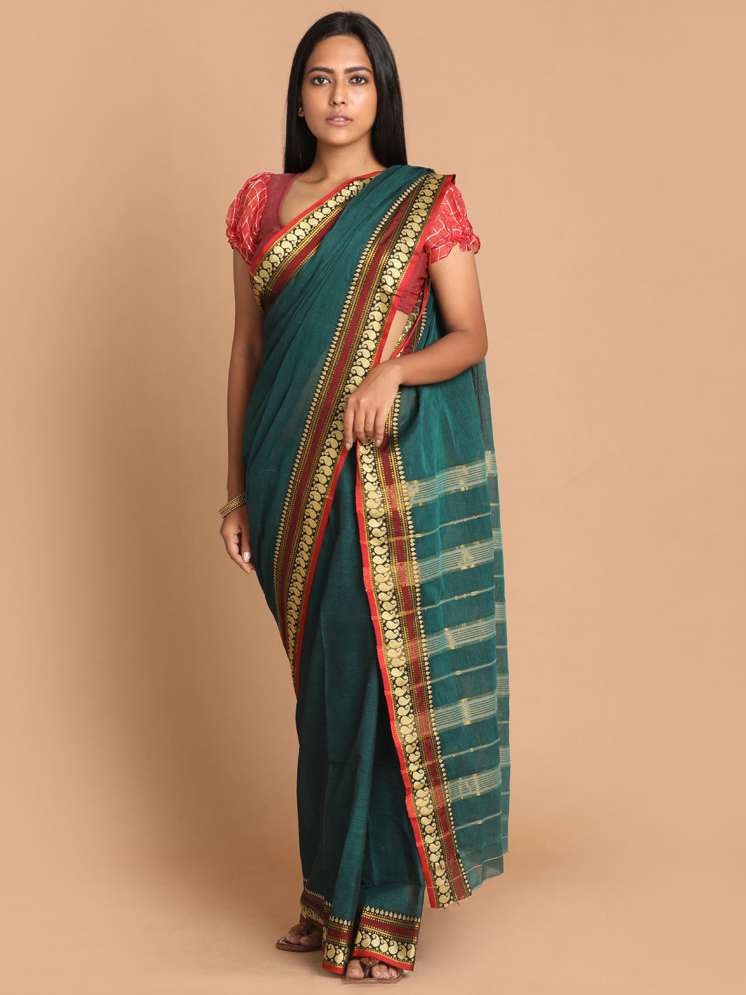 Indethnic Teal Pure Cotton Solid Saree - View 1