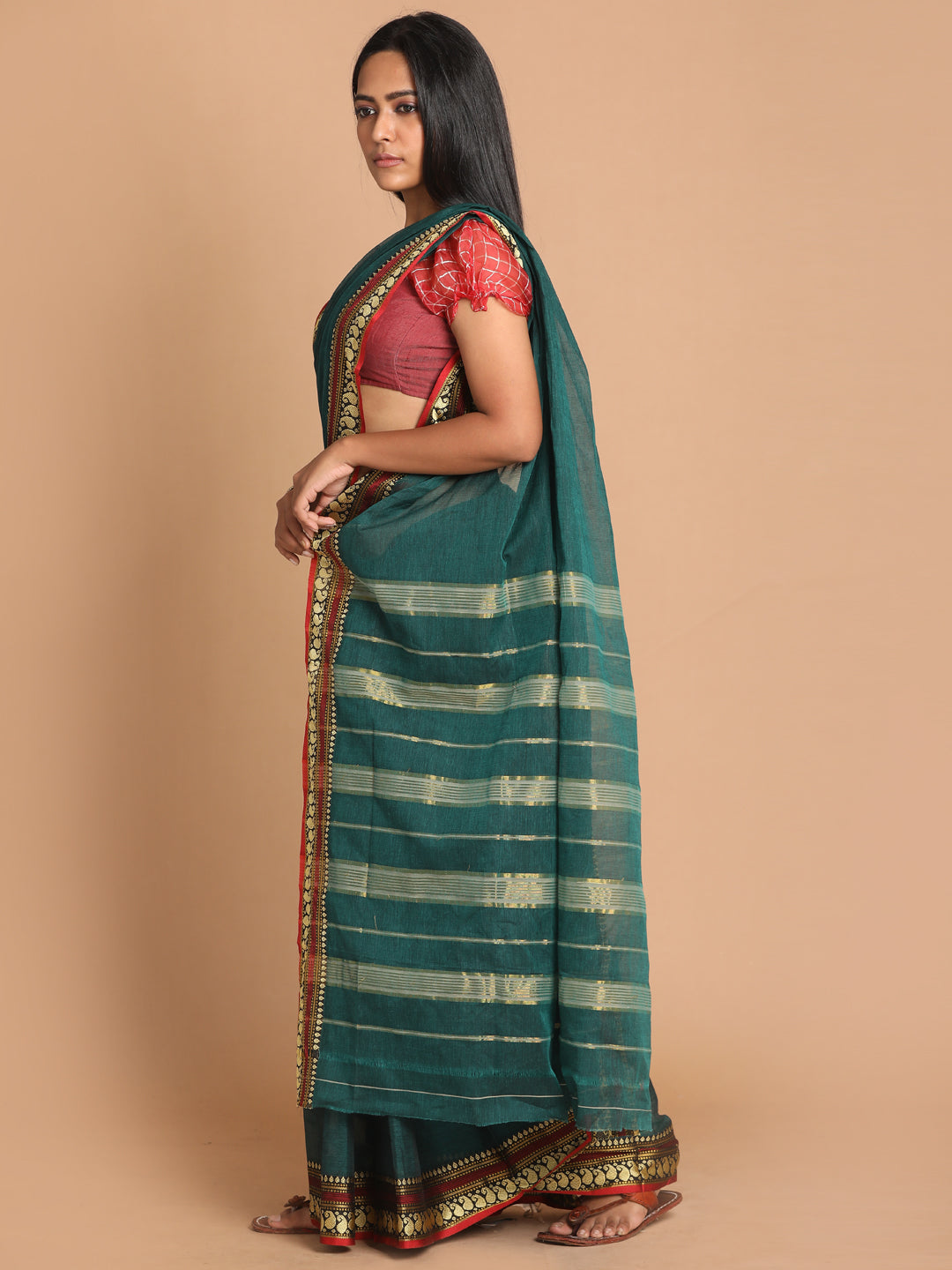 Indethnic Teal Pure Cotton Solid Saree - View 2