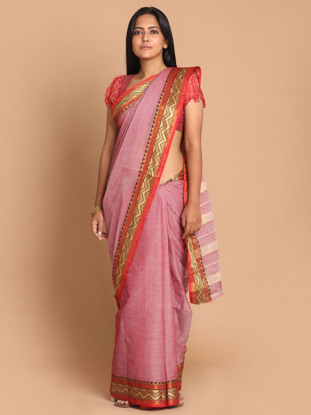Indethnic Pink Pure Cotton Solid Saree - View 1