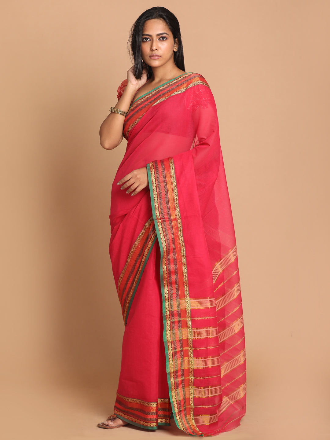 Indethnic Pink Pure Cotton Solid Saree - View 1