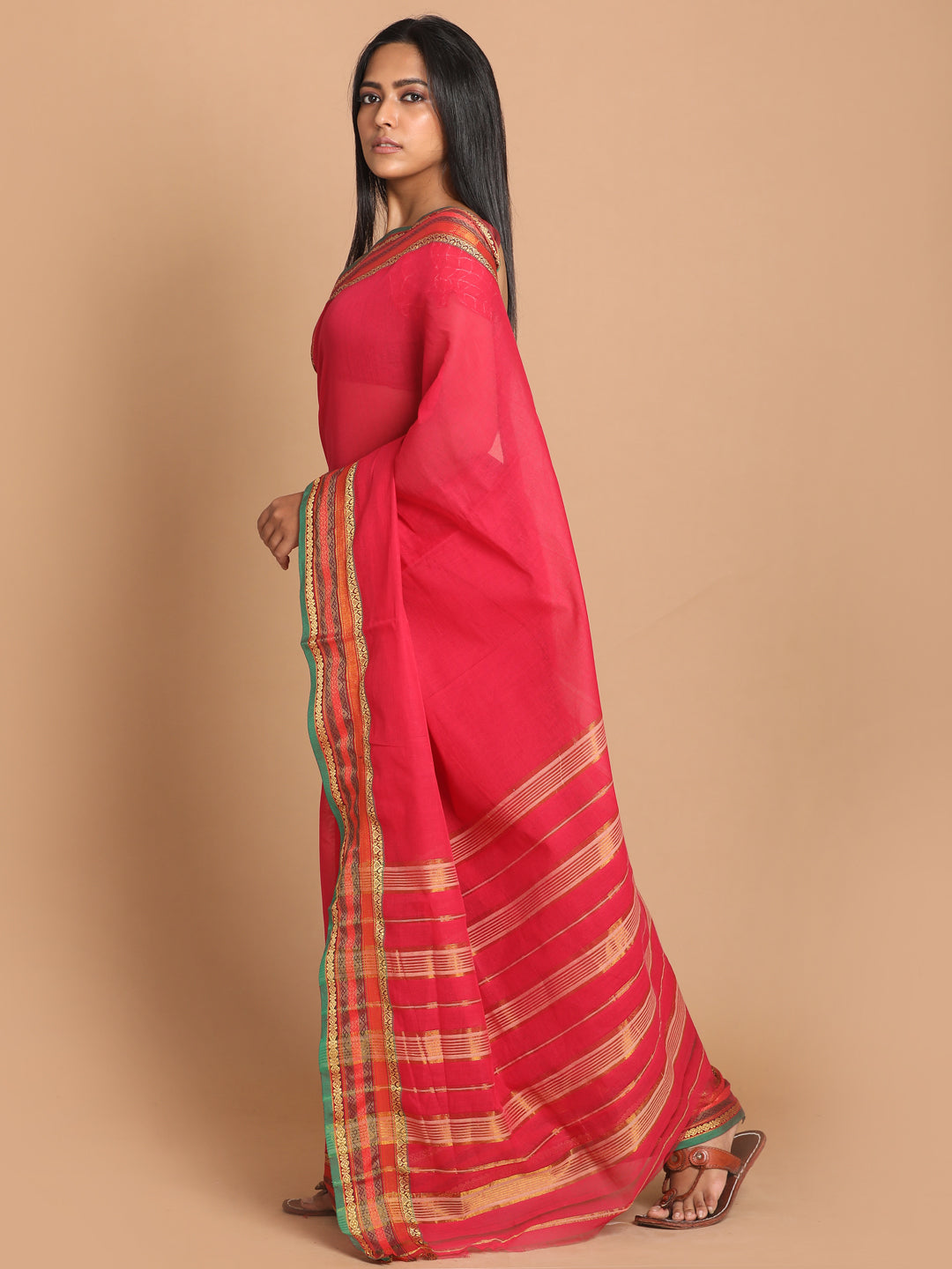 Indethnic Pink Pure Cotton Solid Saree - View 2