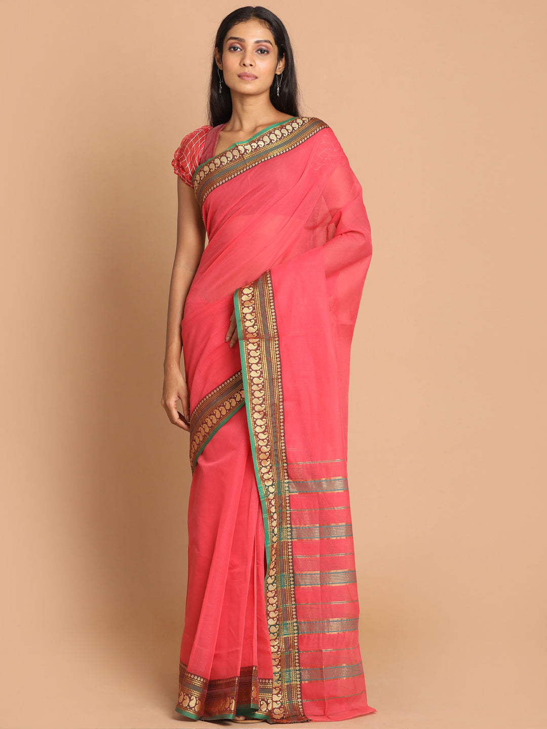Indethnic Pink Pure Cotton Solid Saree - View 1