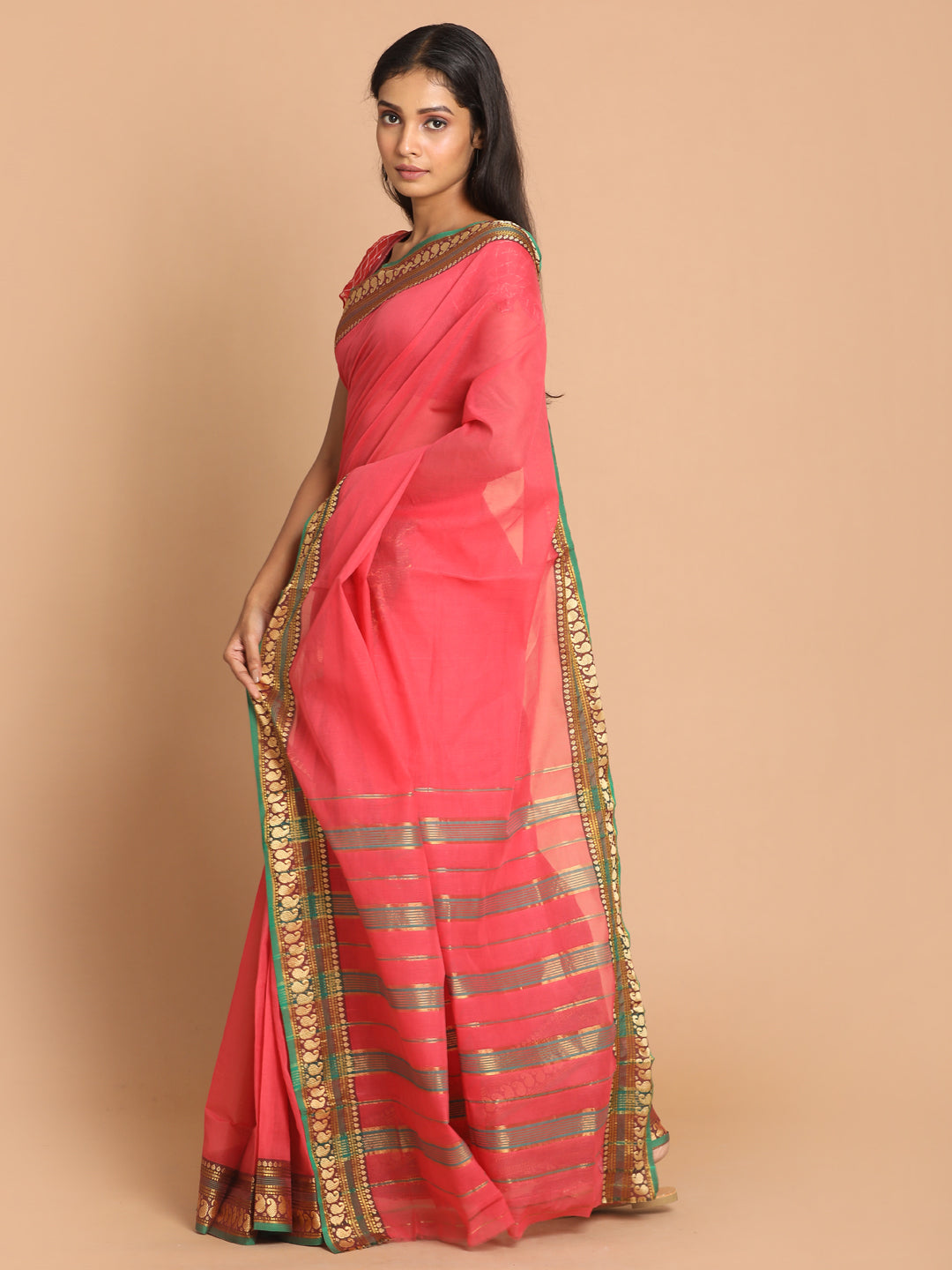 Indethnic Pink Pure Cotton Solid Saree - View 2