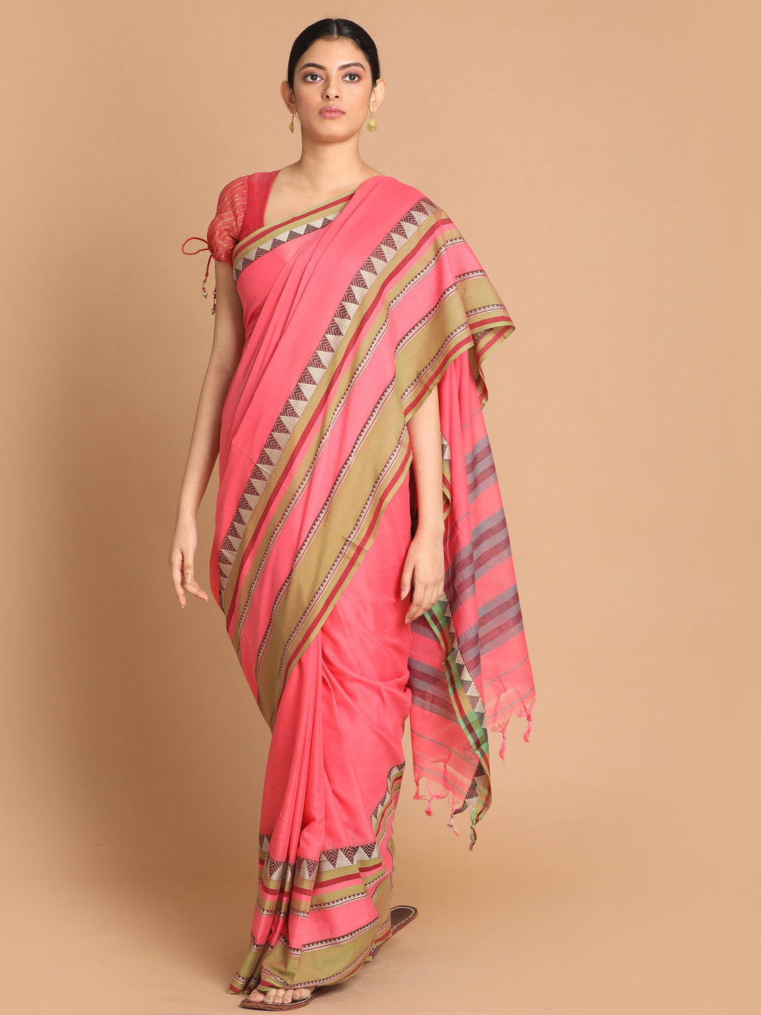 Indethnic Pink Pure Cotton Solid Saree - View 1