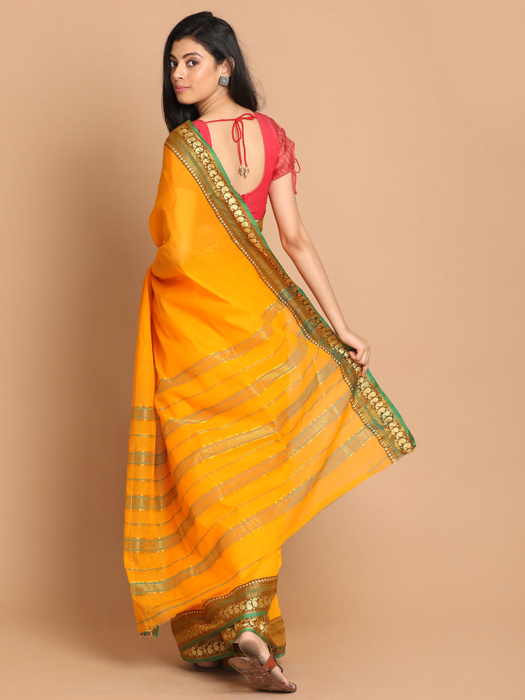 Indethnic Yellow Pure Cotton Solid Saree - View 3