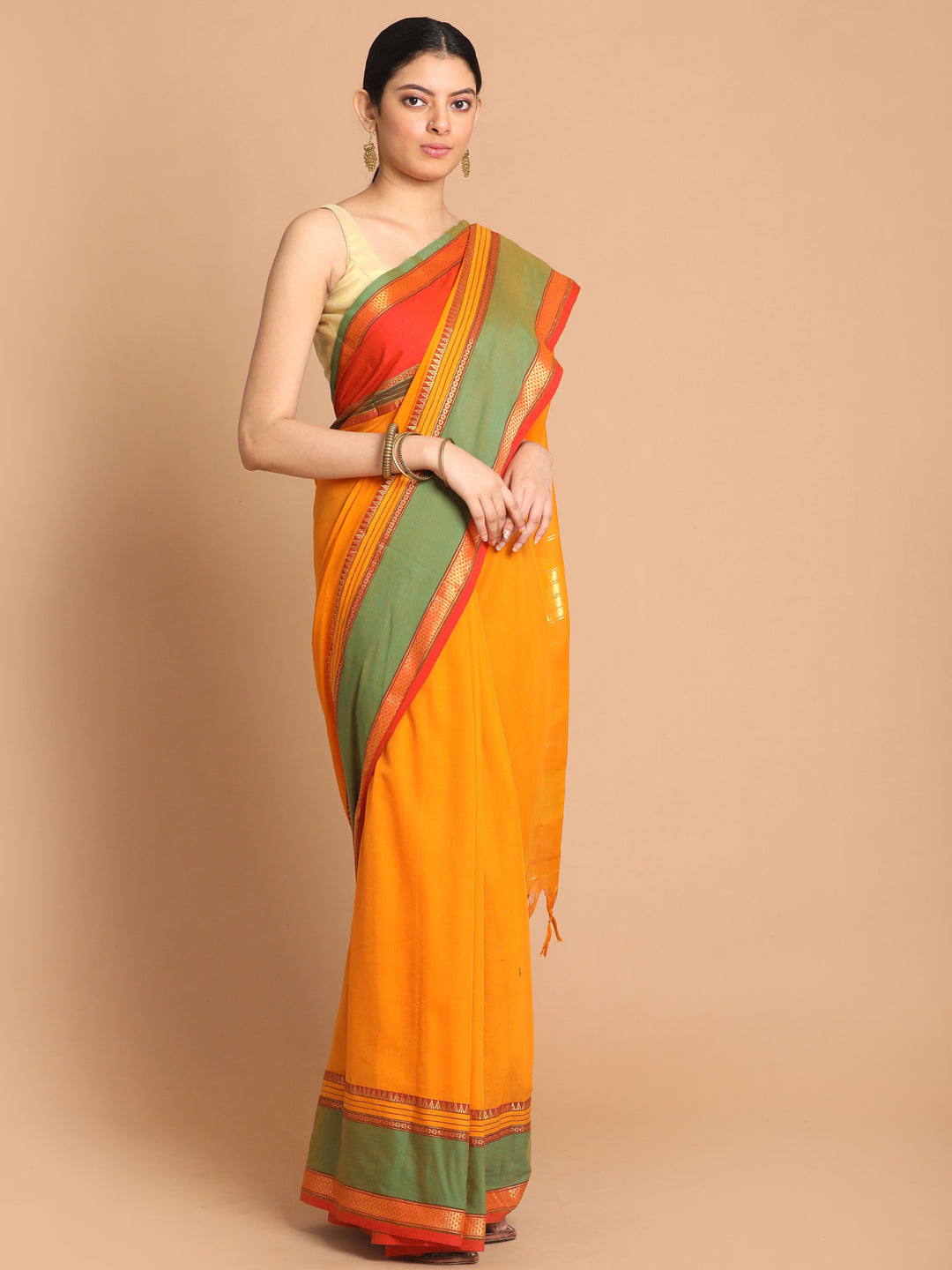 Indethnic Yellow Pure Cotton Solid Saree - View 1