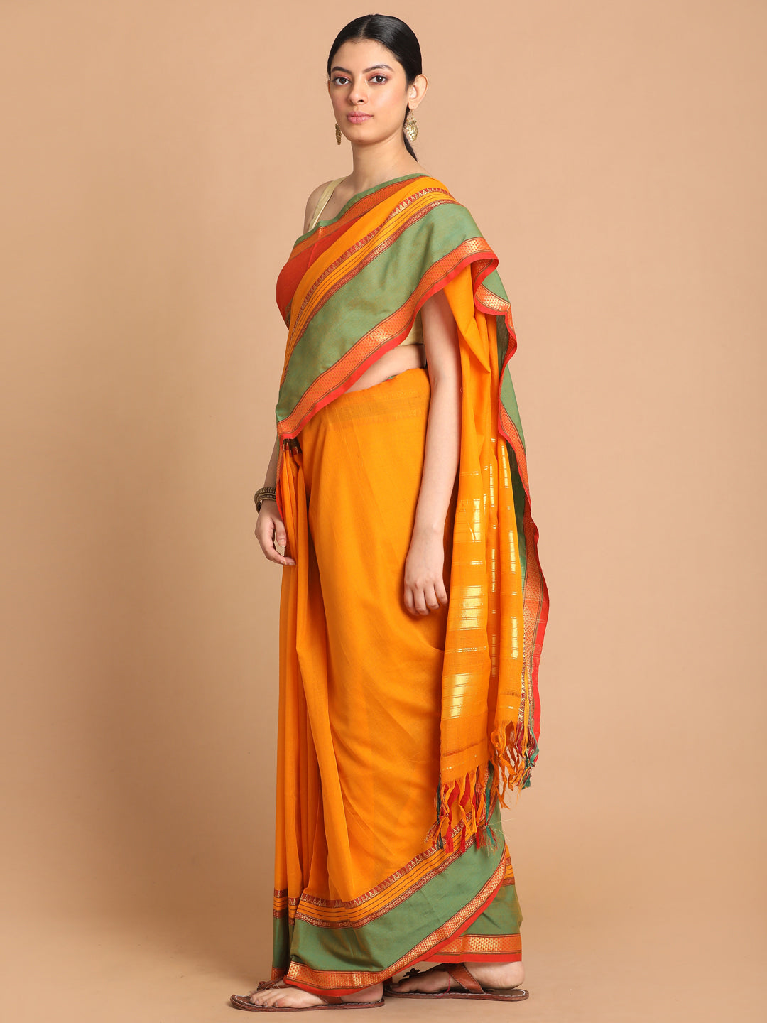 Indethnic Yellow Pure Cotton Solid Saree - View 2
