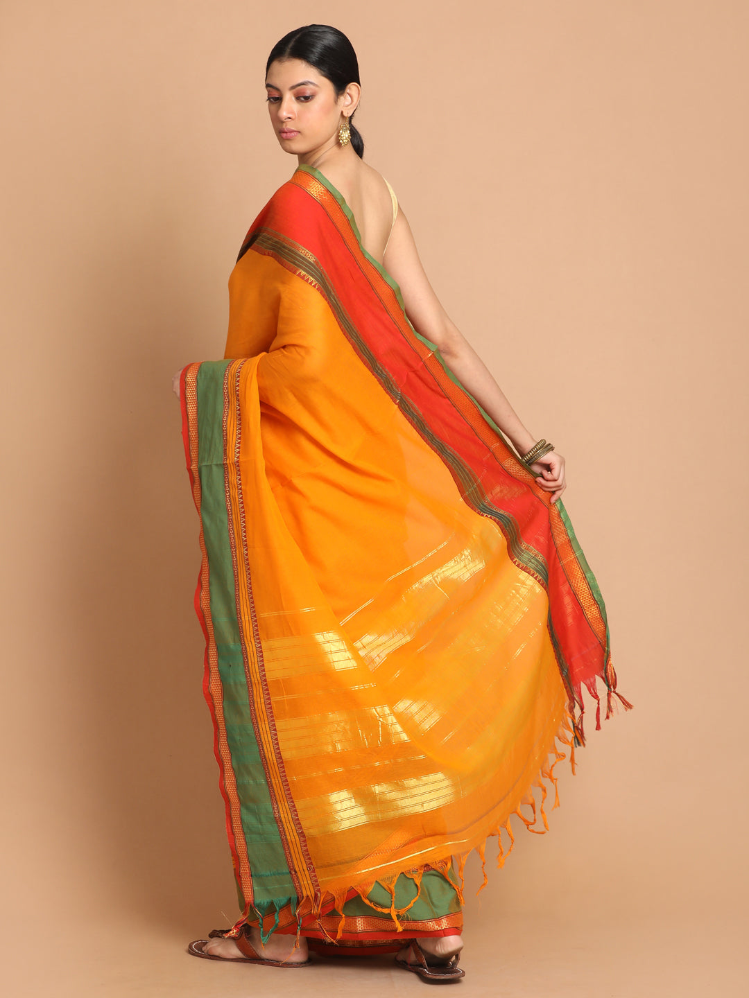 Indethnic Yellow Pure Cotton Solid Saree - View 3