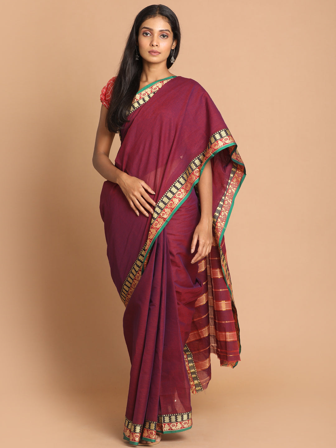 Indethnic Wine Pure Cotton Solid Saree - View 1