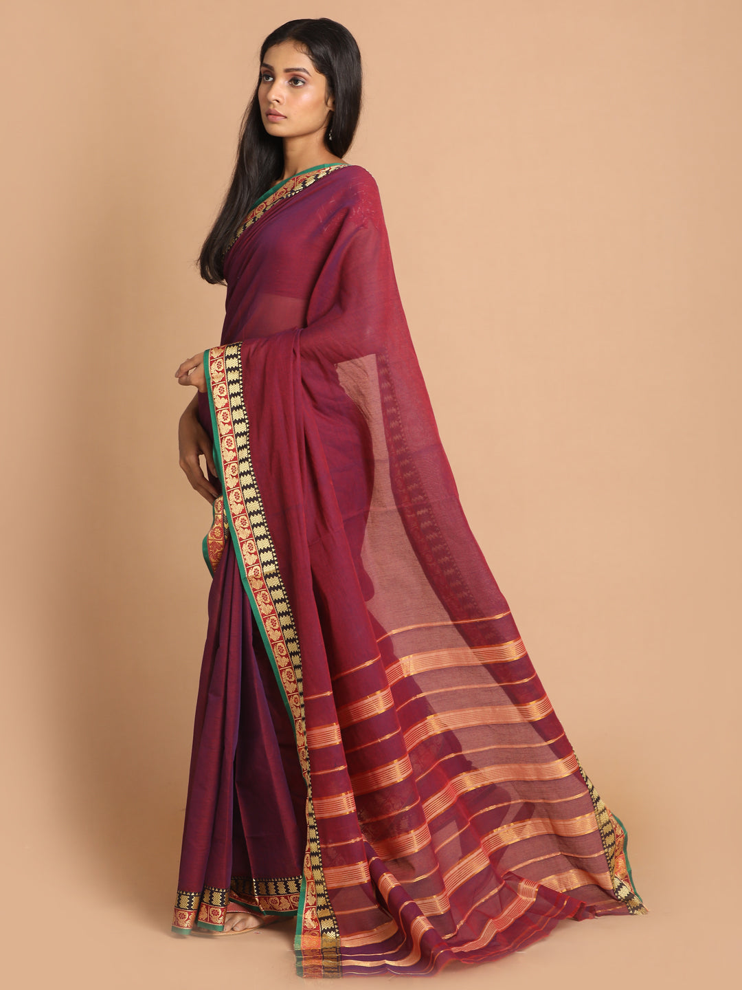 Indethnic Wine Pure Cotton Solid Saree - View 1
