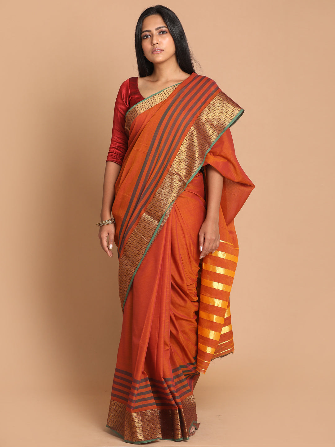 Indethnic Wine Pure Cotton Solid Saree - View 1