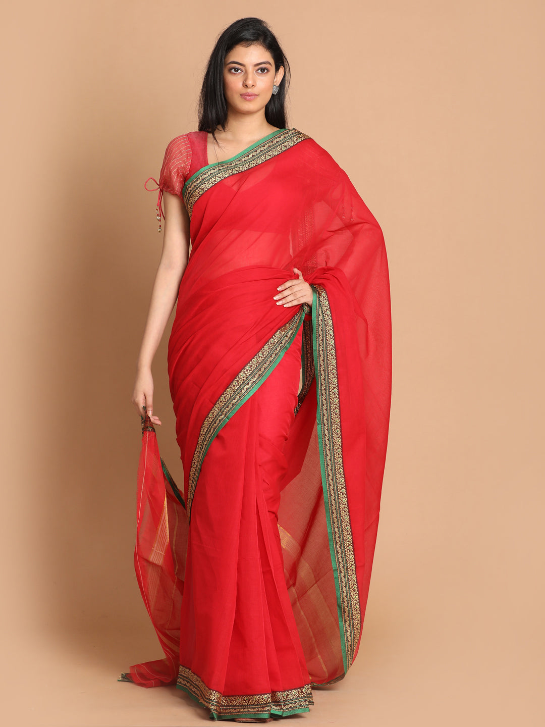 Indethnic Fuchsia Pure Cotton Solid Saree - View 1