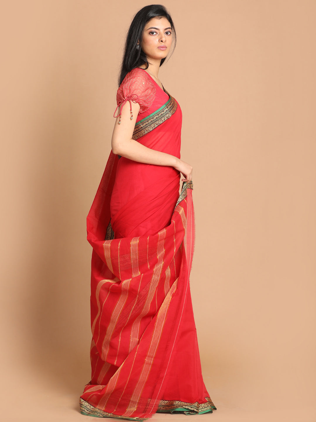 Indethnic Fuchsia Pure Cotton Solid Saree - View 2