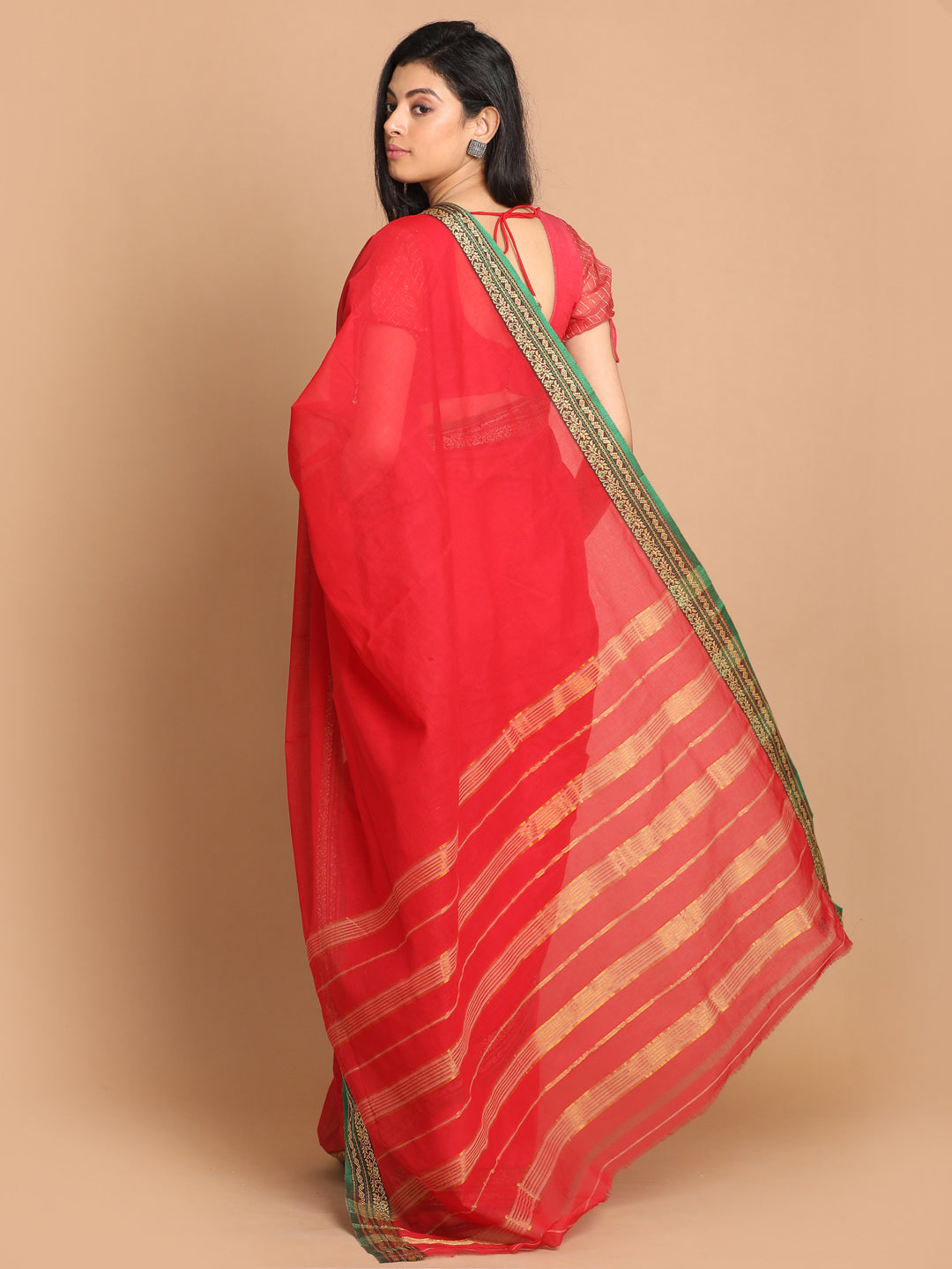 Indethnic Fuchsia Pure Cotton Solid Saree - View 3